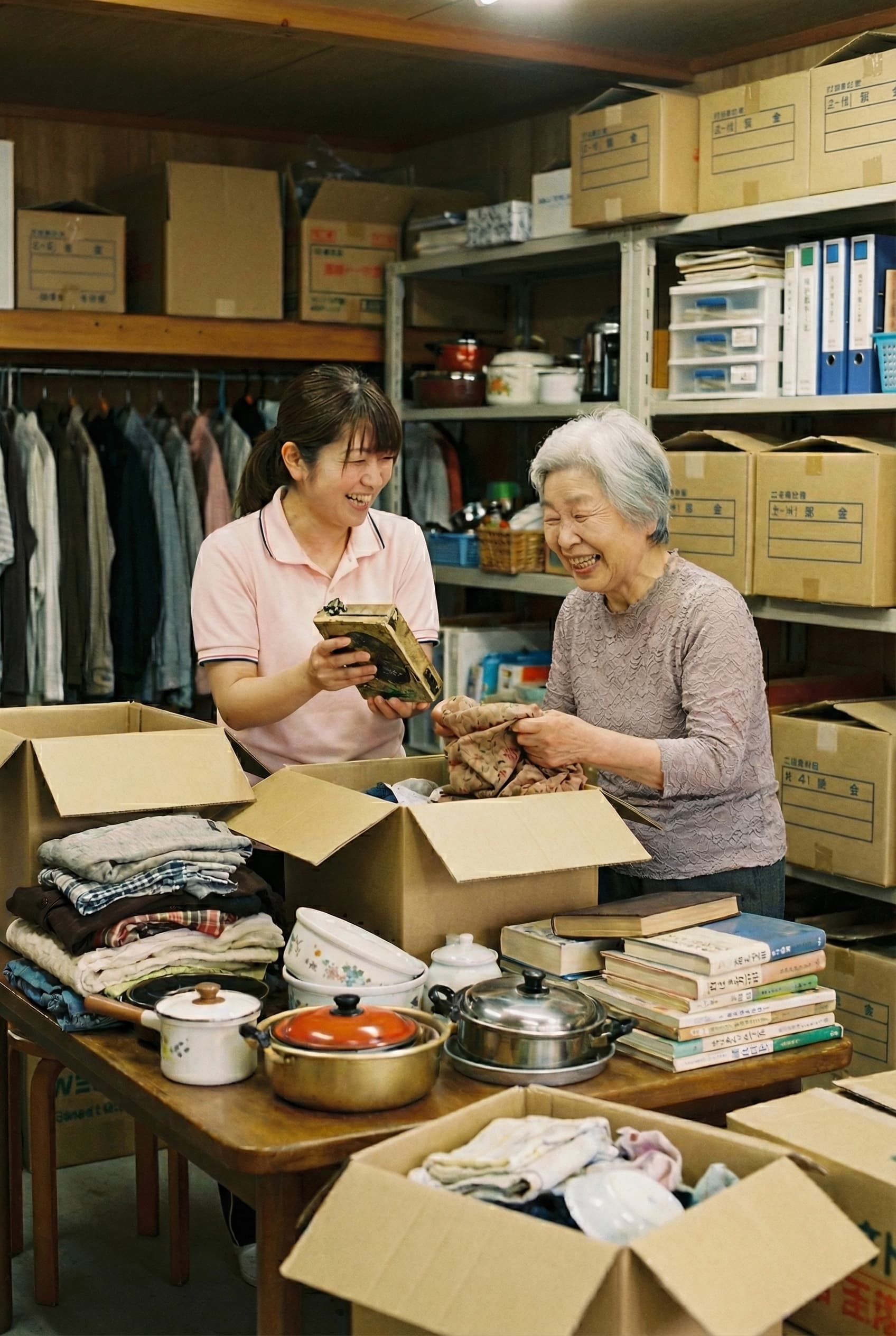 スタッフと高齢者が笑顔で話している作業風景